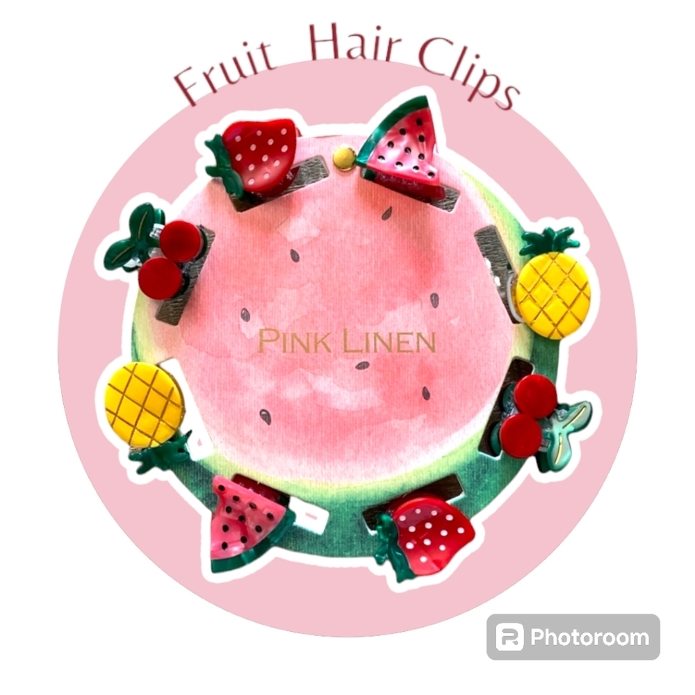 Pink Linen Fruit Hair Clips Set of 8